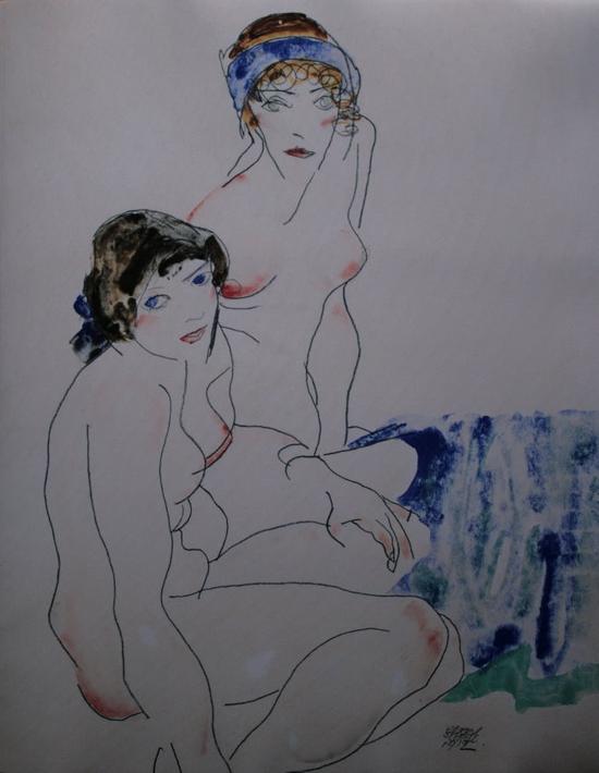 Egon Schiele : Dos mujeres desnudas : Reproduccin, lmina sobre un hermoso y lujoso papel espeso 60 x 80 cm