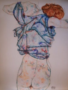 Egon Schiele print, Woman undressing in blue