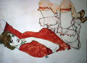 Egon Schiele print, Wally knees lifted up in a red blouse, 1913