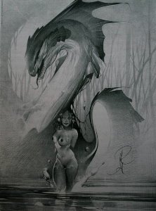 Affiche signée Alberto Varanda, Femme et Dragon