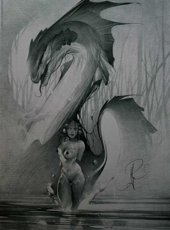 Affiche signée de Alberto Varanda : Femme et Dragon