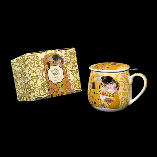 Mug snuggle à thé en porcelaine avec filtre Gustav Klimt, Le baiser, l'arbre de vie (écru), (Duo)