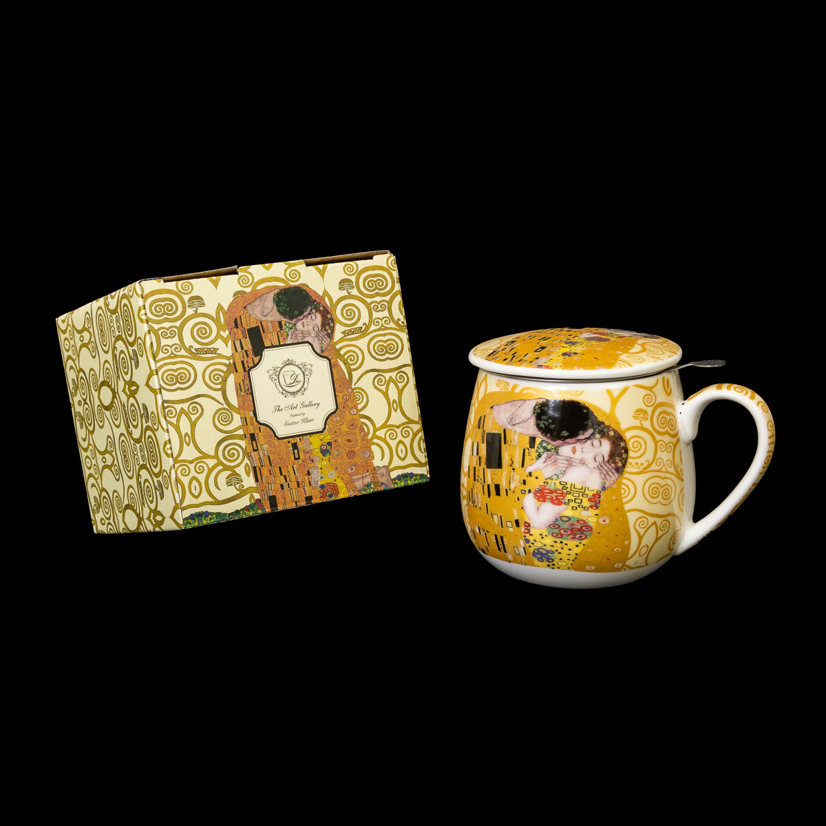 Mug snuggle à thé avec filtre  Gustav Klimt : Le baiser, l'arbre de vie (écru)