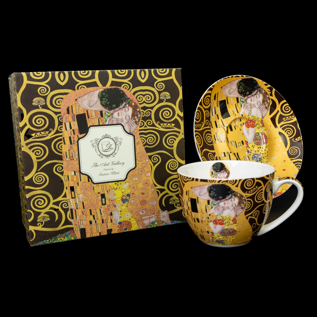 Taza de té con platillo Gustav Klimt, El beso, el árbol de la vida (marrón), detalle