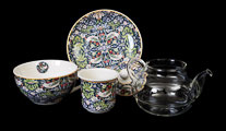 Tetera y taza William Morris : Strawberry Thief (azul) (vidrio y porcelana) (detalles)