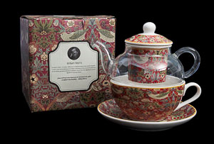 William Morris Tea for One , glass and porcelain : Strawberry Thief (red)