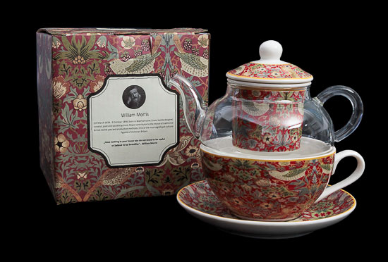 Tetera y taza William Morris : Strawberry Thief (rojo) (vidrio y porcelana)