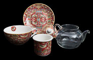Tetera y taza William Morris : Strawberry Thief (rojo) (vidrio y porcelana) (detalles)