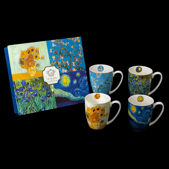 Coffret 4 Mugs en porcelaine Vincent Van Gogh, Tournesols, Amandiers en fleurs, Iris, Nuit toile, (Duo)