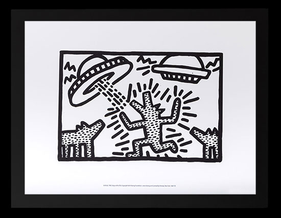 Lámina enmarcada Keith Haring : Dogs with UFOs (1982)