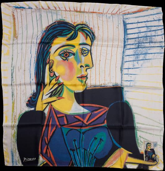 Foulard En Soie Carré Picasso 90x90 Cm - Motifs Bleu, Violet, Vert - Occasion Très Bon État