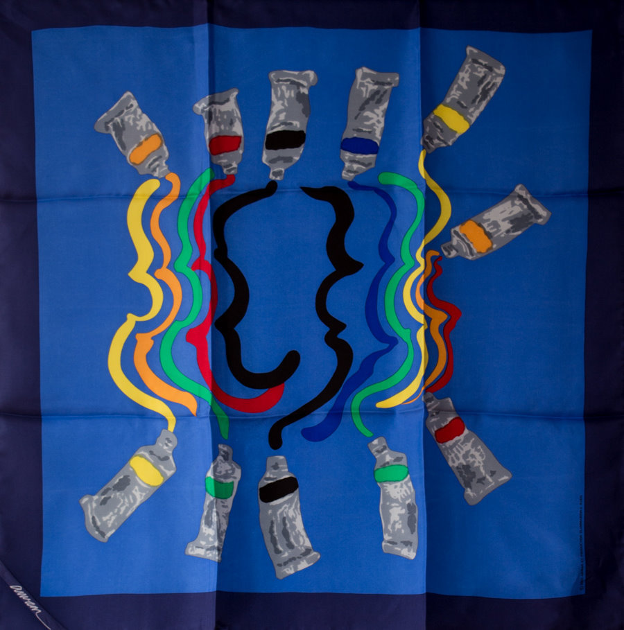 Foulard Arman : Tubes de gouache (bleu) (déplié)