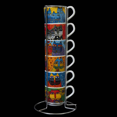 Set of 6 Laurel Burch espresso cups: Fantastic Felines (Metal stand)