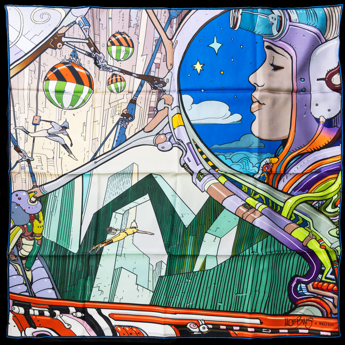 Foulard Carré 100% soie 90 x 90 cm - Moebius : Le Major (déplié)