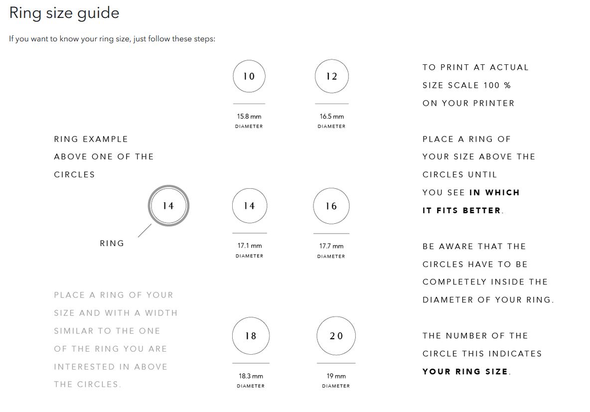 Misure degli anelli in inglese
