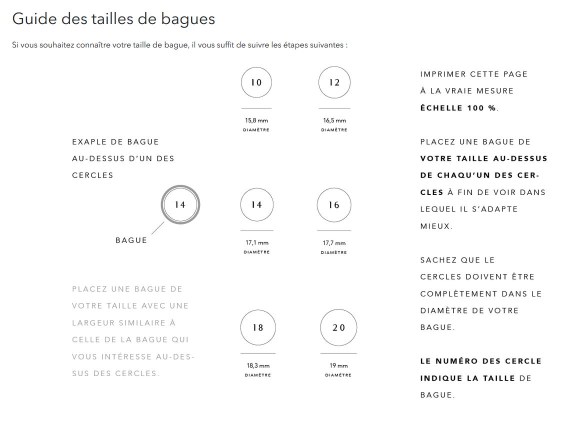 Misure degli anelli in francese