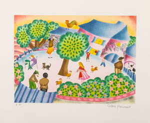 Lithographie originale signée et numérotée de Valérie Hermant : Le jardin de la ferme