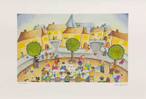 Lithographie originale signée et numérotée de Valérie Hermant : Le repas du Mariage