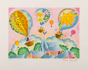 Lithographie originale signée et numérotée de Valérie Hermant : Les montgolfières