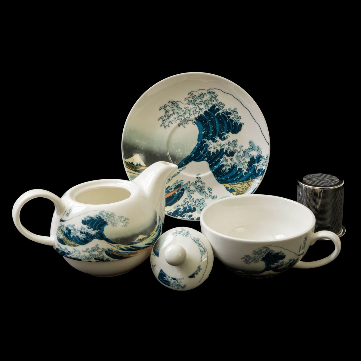 Tetera y taza Hokusai : La gran ola de Kanagawa en flor (detalles de los elementos)