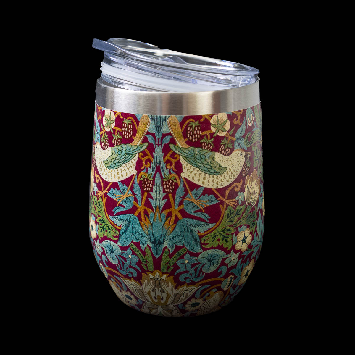 Mug isotherme William Morris : Strawberry Thief Red (couvercle posé)