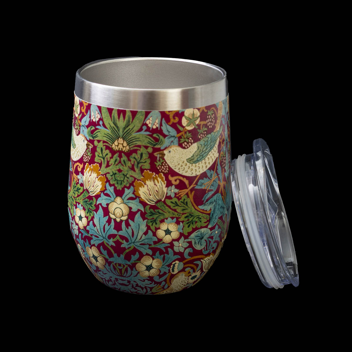 Mug isotherme William Morris : Strawberry Thief Red (ouvert)