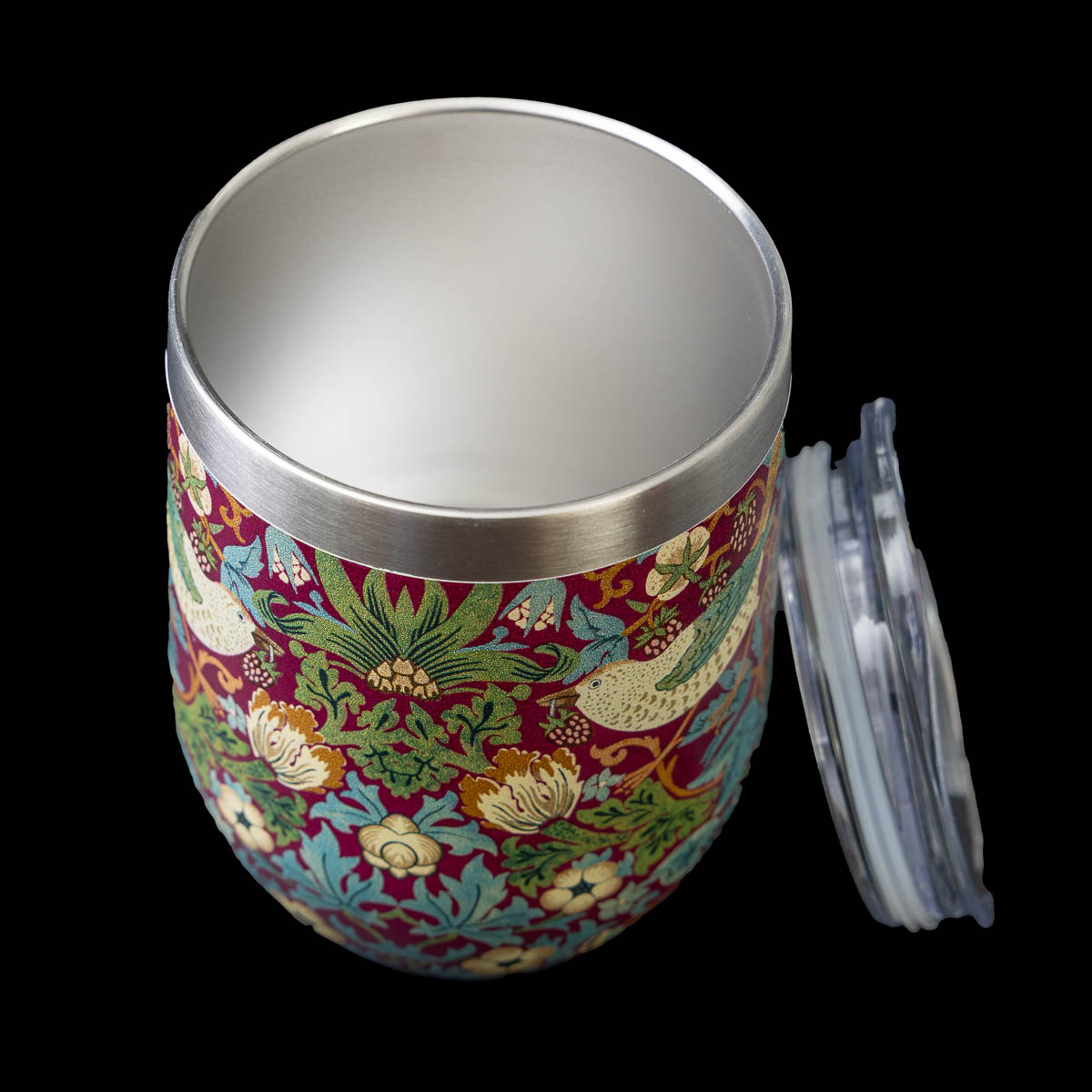Mug isotherme William Morris : Strawberry Thief Red (vue de l'intérieur en acier)
