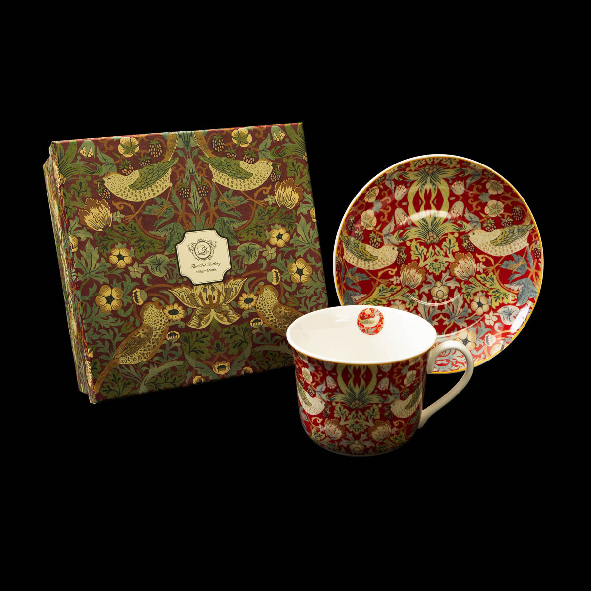 Coffret tasse à thé et sous-tasse William Morris : Strawberry Thief Red (en boîte cadeau)