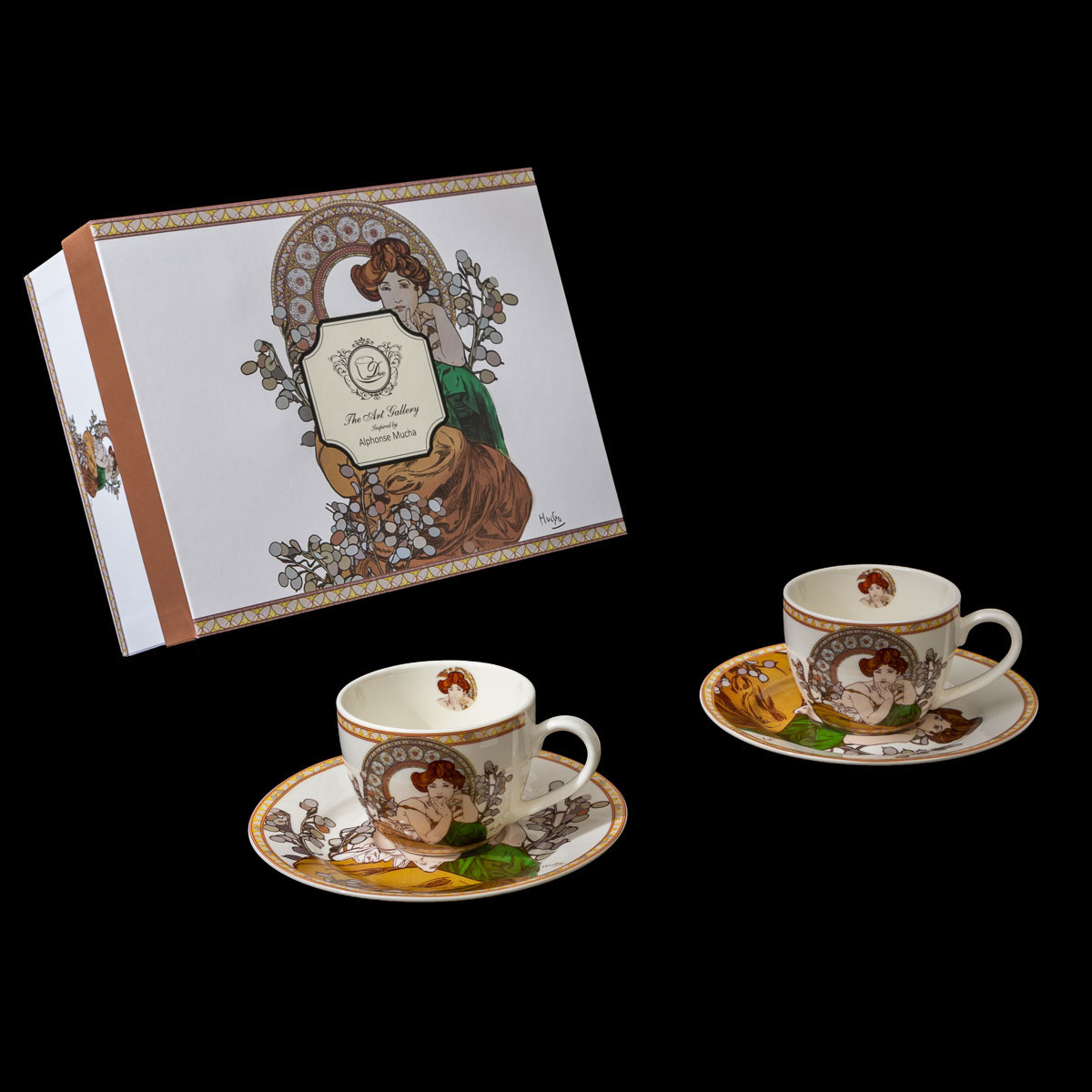 Coffret Duo de Tasses expresso et sous-tasses Alfons Mucha : Topaze - Blanc
