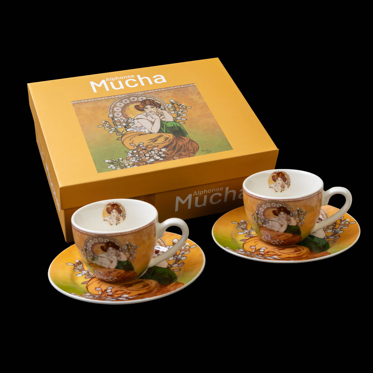 Coffret Duo de Tasses expresso et sous-tasses Alfons Mucha : Topaze - Orange