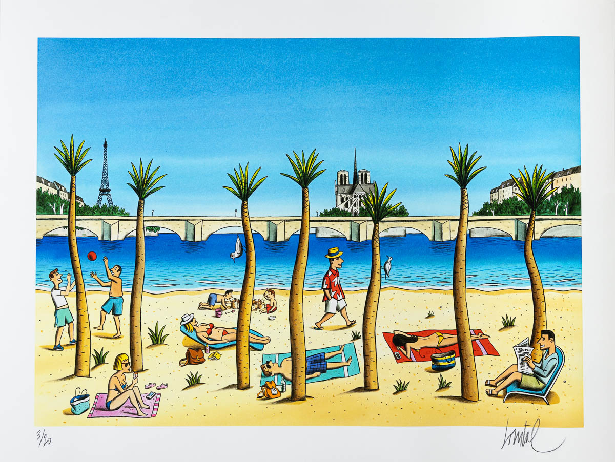 Estampe pigmentaire signée de Jacques de Loustal : Paris Plage - Estampe 80 x 60 cm