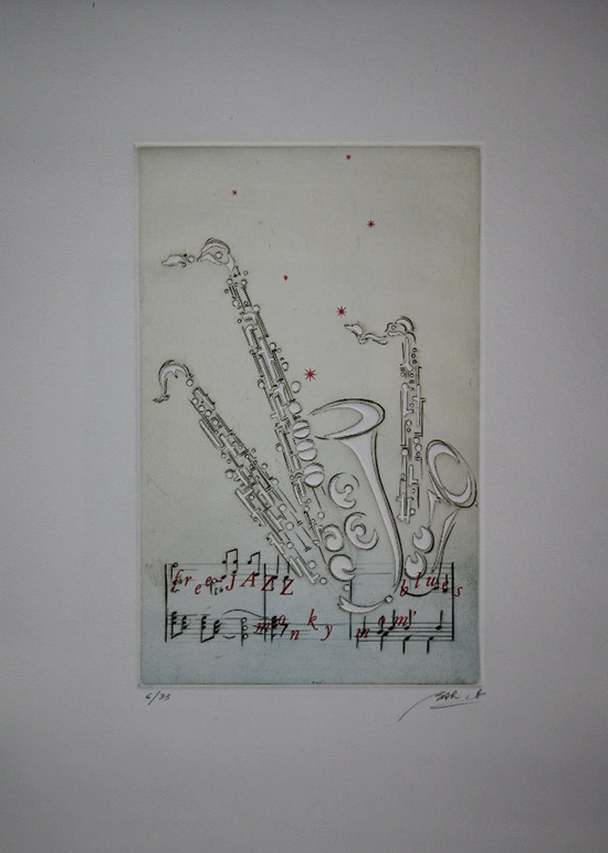 Gravure originale signe et numrote de Alain Bar : Saxo free Jazz