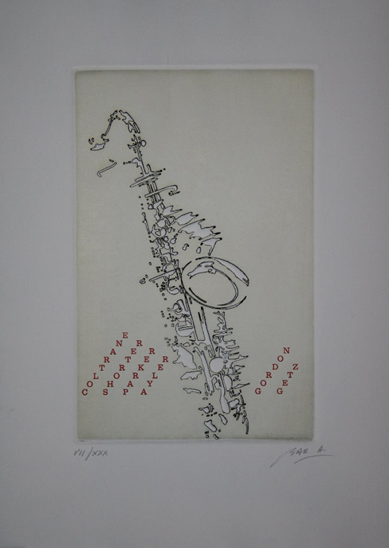 Alain Bar : Original etching : Saxophone - The Legends