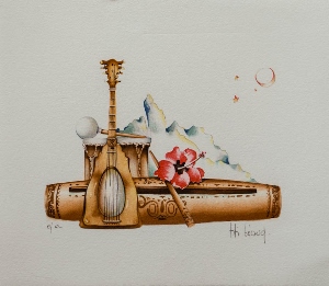 Titi Bécaud : Lithographie originale : Instruments de musique