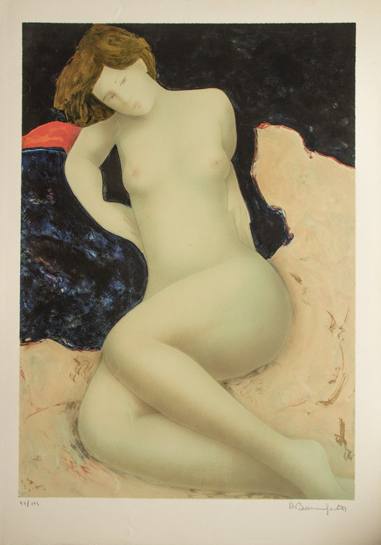 Alain Bonnefoit Original Lithograph : Nude on a midnight blue background