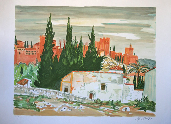 Yves Brayer Original Lithograph : Curtain wall of Granada