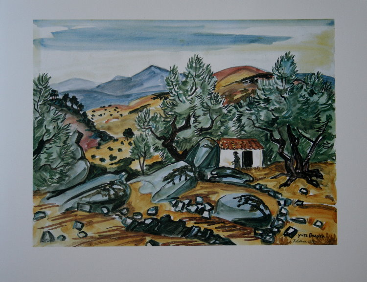 Yves BRAYER : Original Lithograph : Cabanon dans les oliviers à Filitosa