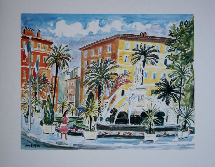 Yves BRAYER : Original Lithograph : La place des Palmiers, à Ajaccio