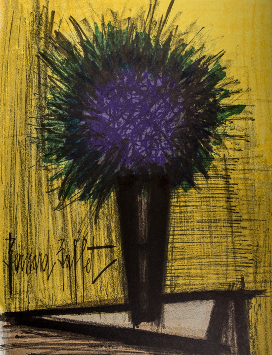 Litografa original de Bernard Buffet - El ramo de flores purpreas