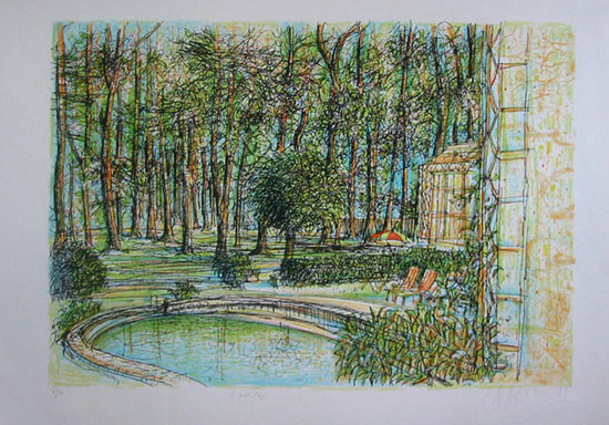 Litografa original firmada y numerada de Jean Carzou - El pequeo estanque