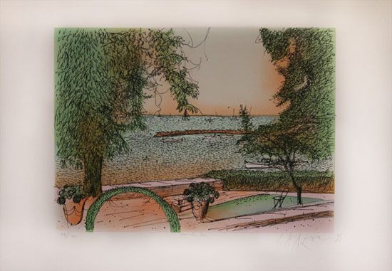 Litografa original firmada y numerada de Jean Carzou - Vista del lago