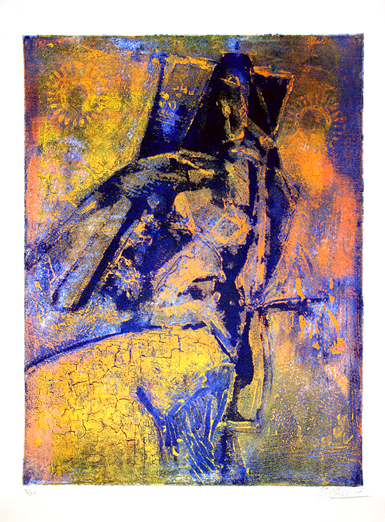 Moulay Youssef ELKAHFAI : lithographie originale signée et numérotée au crayon : Femme au fauteuil bleu