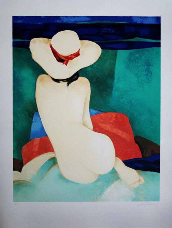 Claude Gaveau : Litografia originale - Nudo al cappello