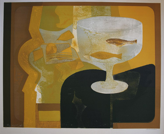 Andr Minaux : Original Lithograph : Still life with two fishes