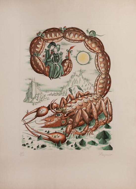 Eau-forte et aquatinte originale signe et numrote de Raymond Peynet : Les Signes du Zodiaque : Le Scorpion