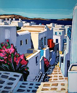 Litografia Jean Claude Quilici - Viuzza fiorita a Mykonos