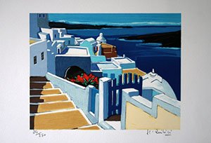 Lithographie Jean Claude Quilici - Santorin