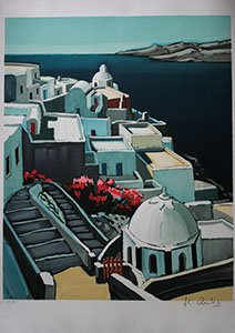 Litografía Jean Claude Quilici - Les toits de Santorin