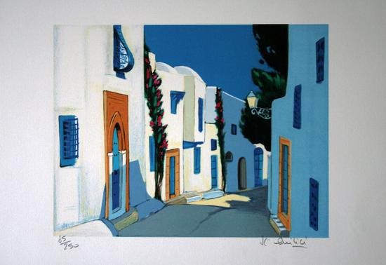 Jean-Claude QUILICI : Original Lithograph : Shade and light in Sidi Bou Saïd 