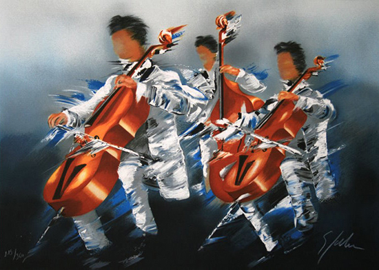 Lithographie originale signée et numérotée de Victor Spahn : Trio de violoncelles